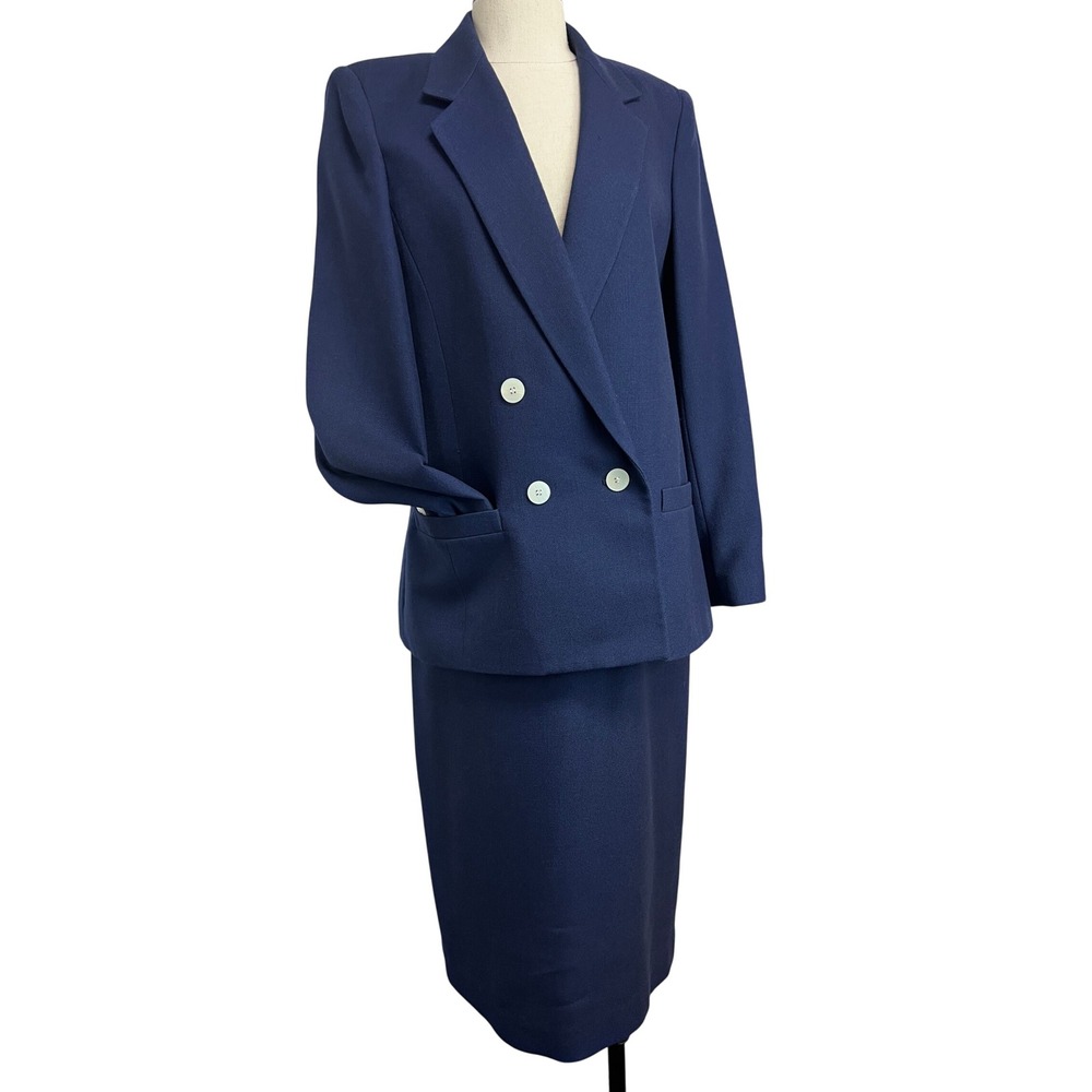 Suits Galore Skirt Suit Set Womens Navy Blue Excellent Double Breasted Blazer